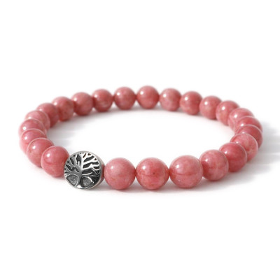 Bracelet Rhodonite 8mm et Arbre de vie en Acier