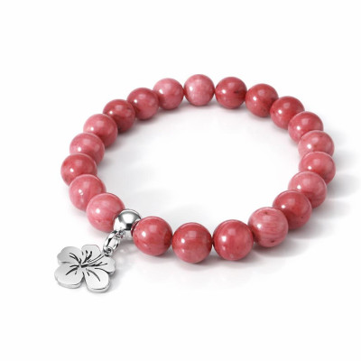 Bracelet Rhodonite 8mm et Breloque Hibiscus en Acier