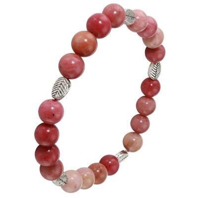 Bracelet Rhodonite 8mm et Motif Feuille en métal