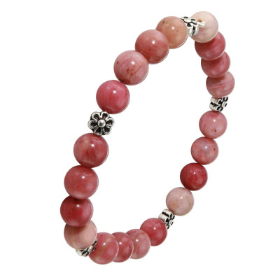 Bracelet Rhodonite 8mm et Motif Fleur en métal