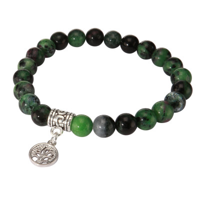 Bracelet Rubis Zoisïte 8mm et Breloque Arbre de Vie en métal