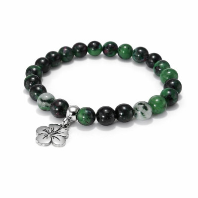Bracelet Rubis Zoïsite 8mm et Breloque Hibiscus en Acier