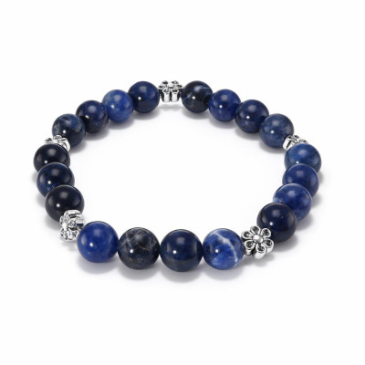 Bracelet Sodalite 8mm et fleur en métal