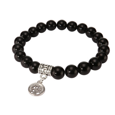 Bracelet Tourmaline Noire 8mm et Breloque Arbre de Vie en métal