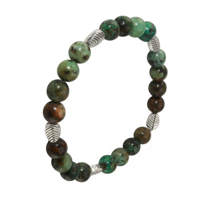 Bracelet Turquoise 8mm et Motif Feuille en métal