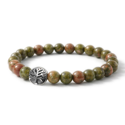 Bracelet Unakite 8mm et Arbre de vie en Acier