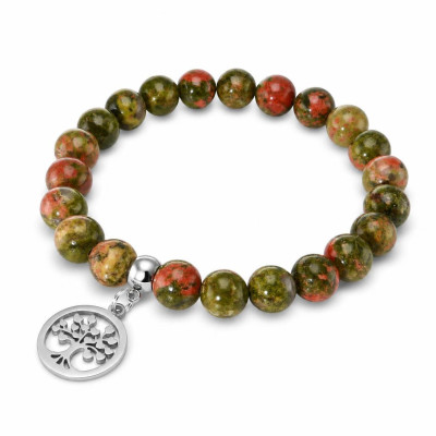 Bracelet Unakite 8mm et Breloque Arbre de Vie en acier