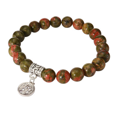 Bracelet Unakite 8mm et Breloque Arbre de Vie en métal