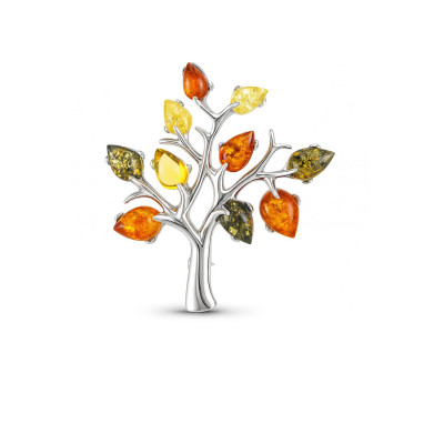 Broche Arbre de Vie Ambre Multoicolore sur Argent