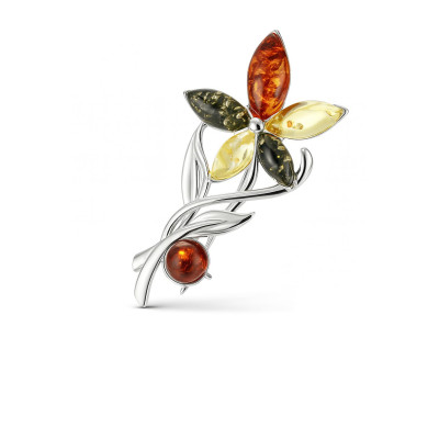 Broche Argent Fleur et Ambre Multicolore