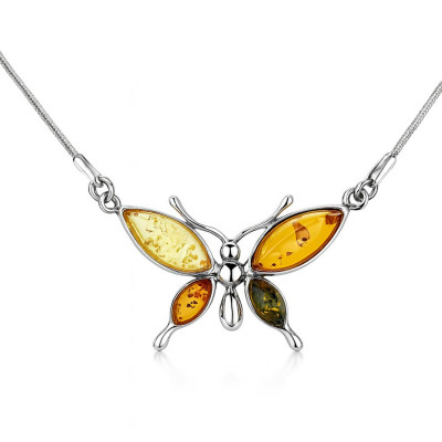 Collier Argent  Ambre Multicolore