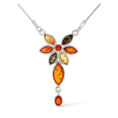 Collier Argent  Ambre Multicolore