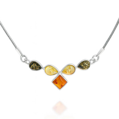 Collier Argent  Ambre Multicolore