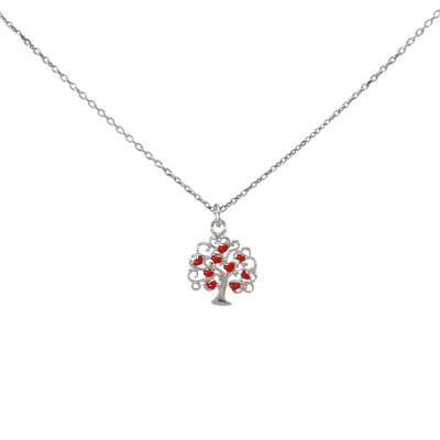 Collier argent rhodié arbre de vie laque rouge