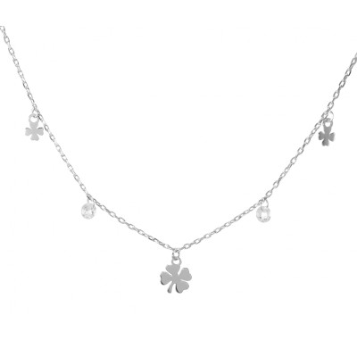 Collier argent rhodié breloques oxydes de zirconium et trèfles à quatre feuilles