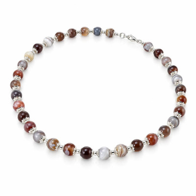 Collier Calottes Fleur en Argent 925 et Agate Botswana 8mm x 42cm