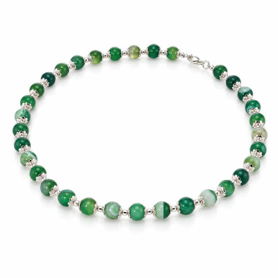 Collier Calottes Fleur en Argent 925 et Agate Verte Teintée 8mm x 42cm