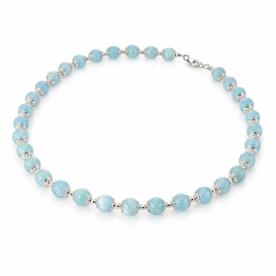 Collier Calottes Fleur en Argent 925 et Aigue Marine 8mm x 42cm