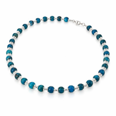 Collier Calottes Fleur en Argent 925 et Apatite Bleue 8mm x 42cm