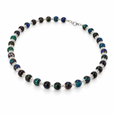 Collier Calottes Fleur en Argent 925 et Azurite 8mm x 42cm