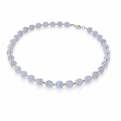 Collier Calottes Fleur en Argent 925 et Calcédoine 8mm x 42cm