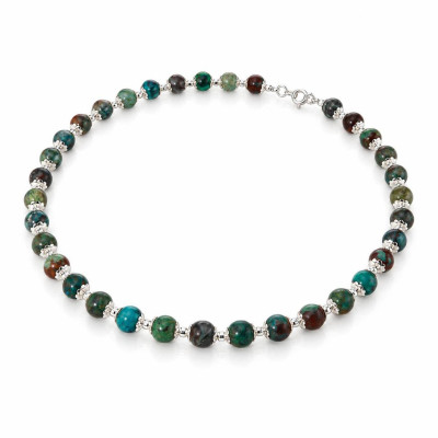 Collier Calottes Fleur en Argent 925 et Chrysocolle 8mm x 42cm