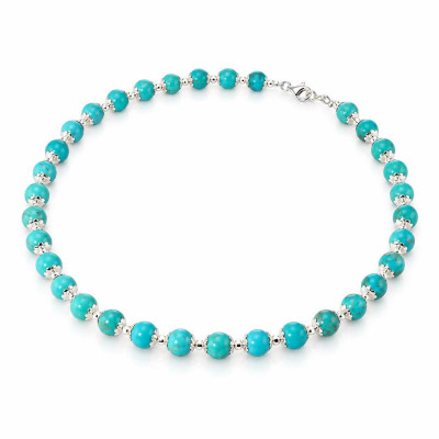 Collier Calottes Fleur en Argent 925 et Howlite Bleue Teintée 8mm x 42cm