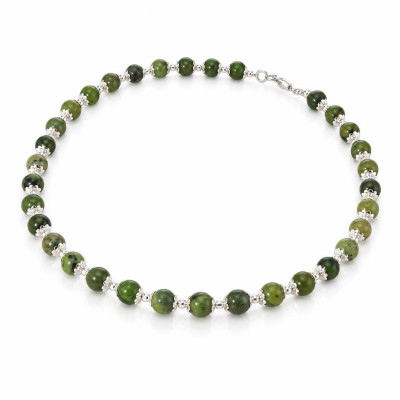 Collier Calottes Fleur en Argent 925 et Jade 8mm x 42cm