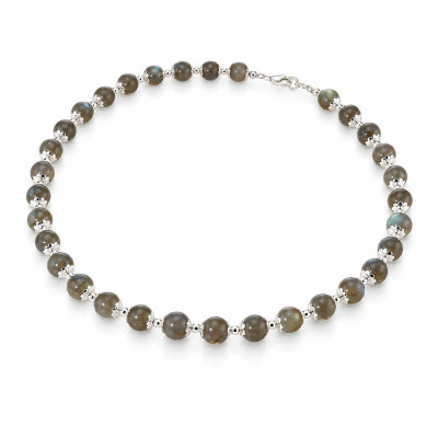 Collier Calottes Fleur en Argent 925 et Labradorite 8mm x 42cm