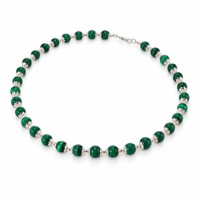 Collier Calottes Fleur en Argent 925 et Malachite 8mm x 42cm