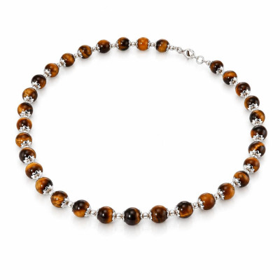 Collier Calottes Fleur en Argent 925 et Oeil de Tigre 8mm x 42cm