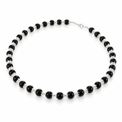 Collier Calottes Fleur en Argent 925 et Onyx 8mm x 42cm