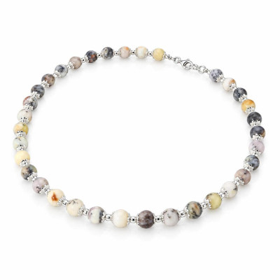 Collier Calottes Fleur en Argent 925 et Opale Dendritique 8mm x 42cm