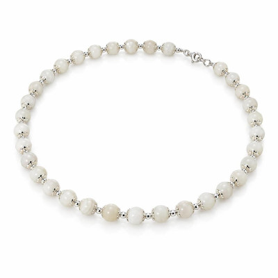 Collier Calottes Fleur en Argent 925 et Pierre de Lune 8mm x 42cm