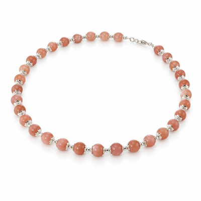 Collier Calottes Fleur en Argent 925 et Pierre de Soleil 8mm x 42cm