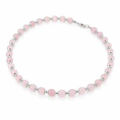 Collier Calottes Fleur en Argent 925 et Quartz Rose 8mm x 42cm