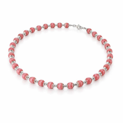 Collier Calottes Fleur en Argent 925 et Rhodochrosite 8mm x 42cm