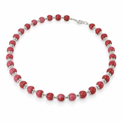 Collier Calottes Fleur en Argent 925 et Rhodonite 8mm x 42cm