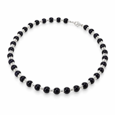 Collier Calottes Fleur en Argent 925 et Verre Cuivré Bleu 8mm x 42cm