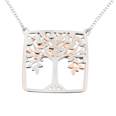 Collier Motif Arbre de Vie Carré en Argent 925 Rhodié 2 tons