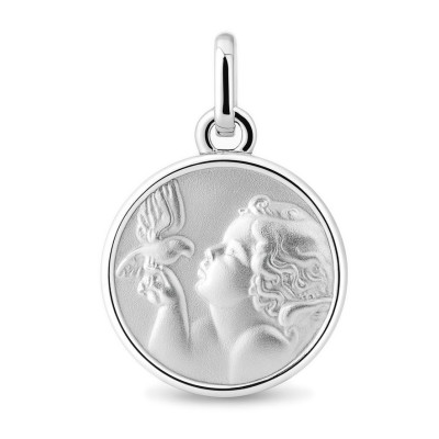 Médaille Ange à l'oiseau en Or Blanc 375 (16mm)