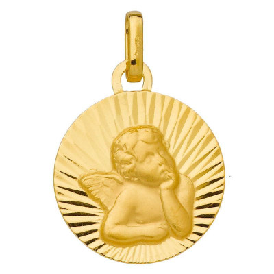 Médaille Ange Ronde Diamantée en Or Jaune 375 (15mm)