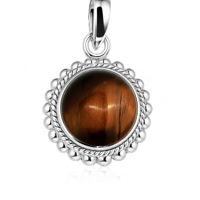 Pendentif Argent 925 et Oeil de Tigre Rond 12mm