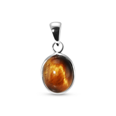 Pendentif Argent 925 Oeil de tigre Ovale 10x8mm Cabochon Serti Clos