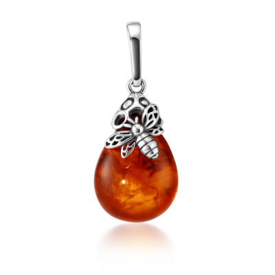 Pendentif argent abeille et ambre poire de 20x15mm