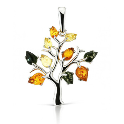 Pendentif Argent Arbre de Vie et Ambre Multicolore