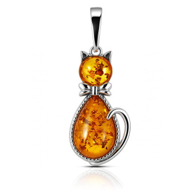 Pendentif argent et ambre chat