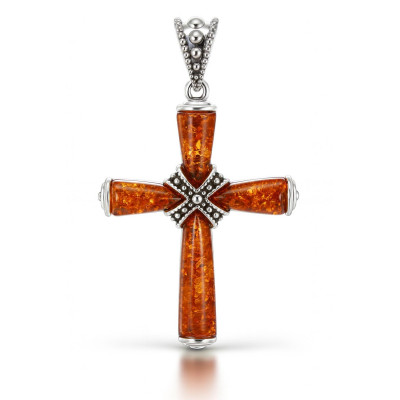 Pendentif argent et ambre croix