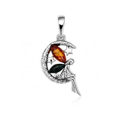 Pendentif argent et ambre fée sur la lune