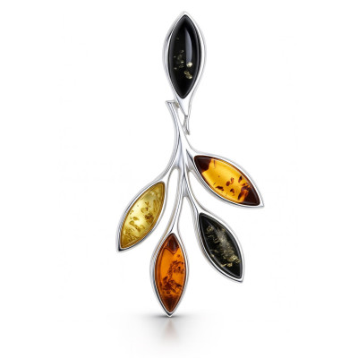 Pendentif Branche Ambre Multicolore et Argent 925